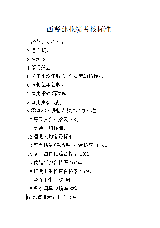 西餐部業績考核標準Word模板