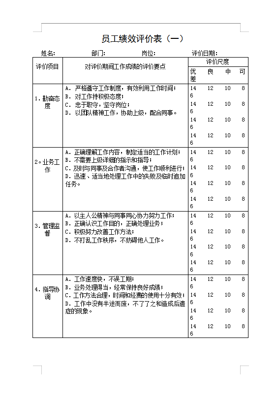 員工績效考評表Word模板
