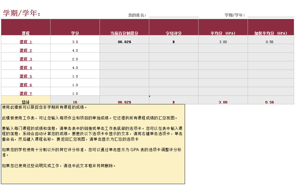 教授課程成績(jī)表格