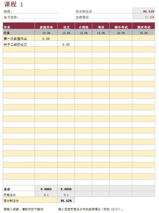 教授課程成績(jī)表格-1