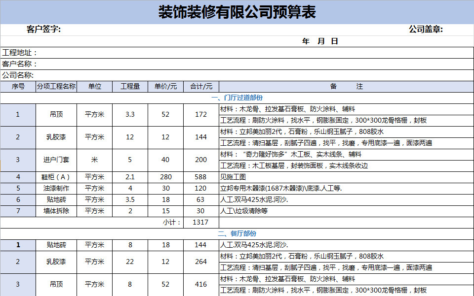 裝飾裝修材料預(yù)算表