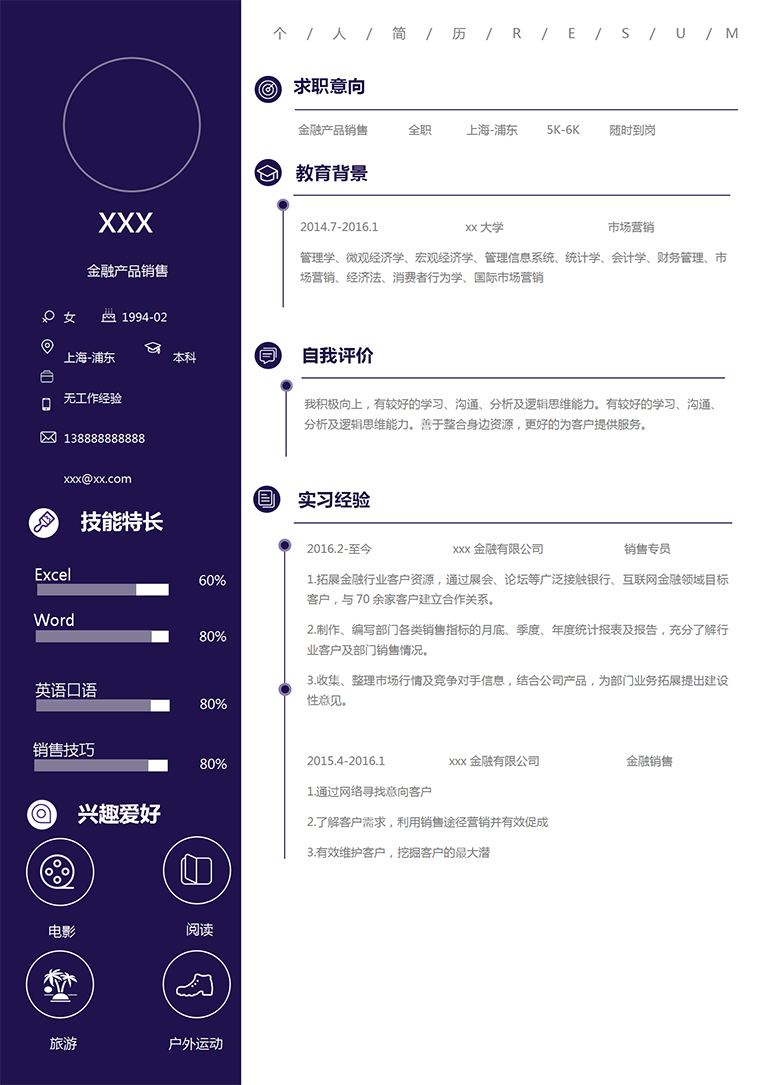 深藍色簡約風金融公司銷售簡歷模板-1