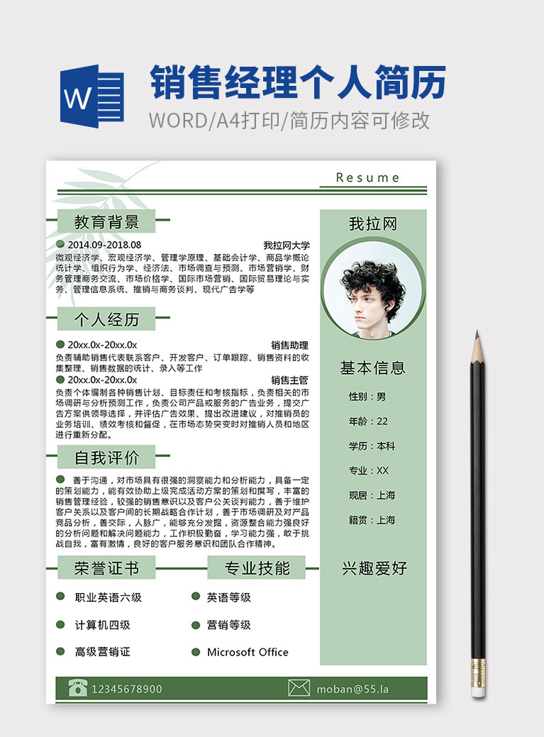 淡綠銷售經理個人簡歷模板