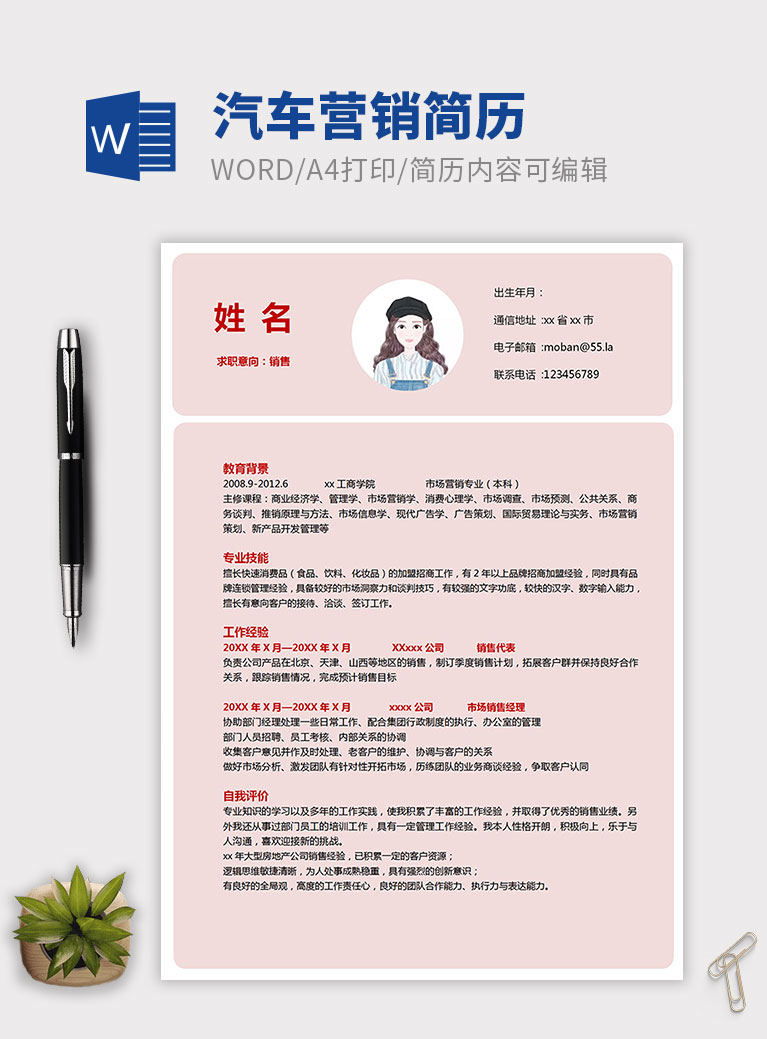 粉色小清新大學(xué)生汽車營銷簡(jiǎn)歷模板