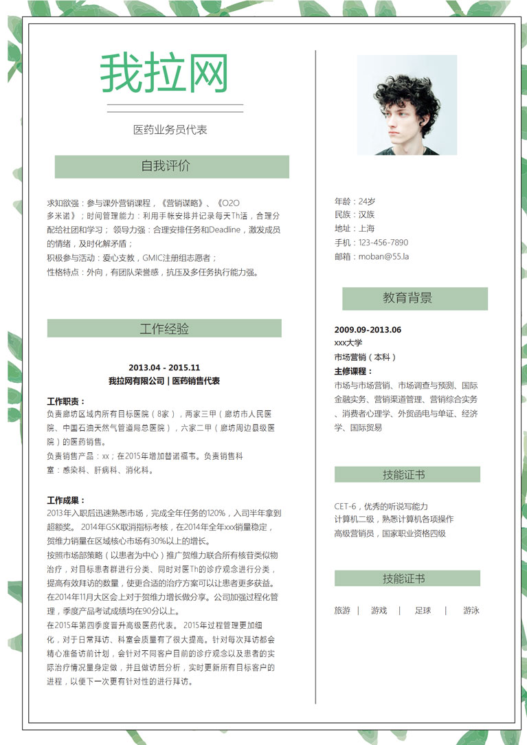 清新綠葉風(fēng)格醫(yī)藥業(yè)務(wù)員代表簡歷模板-1