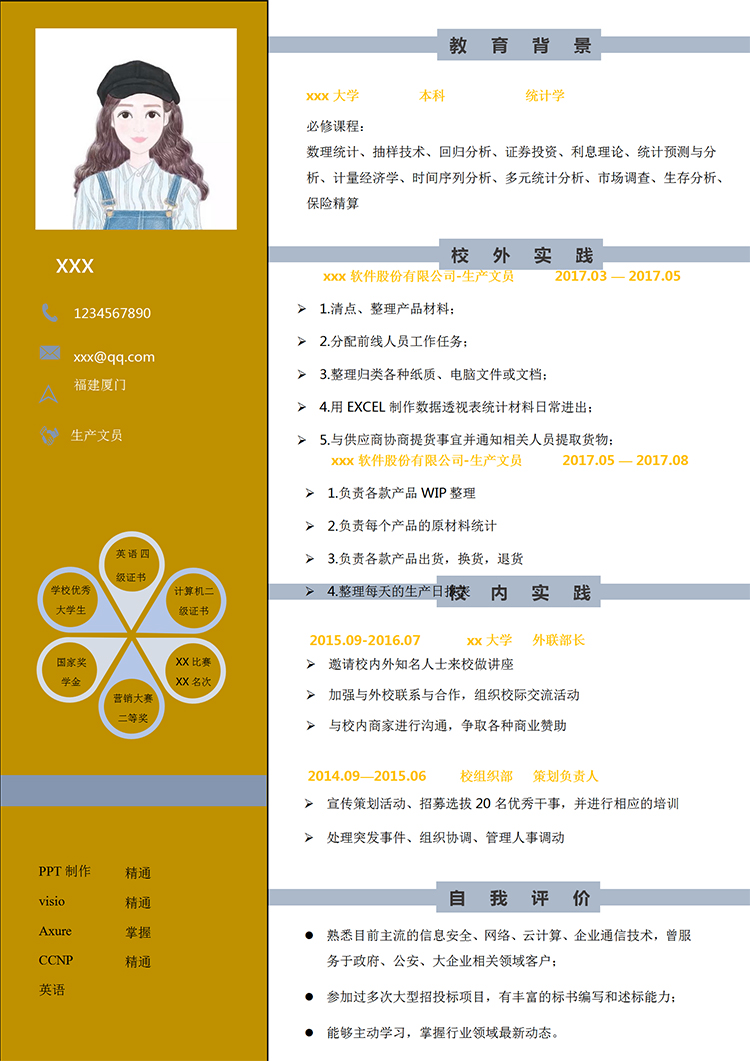 深桔黃多榮譽證書文員個人簡歷模板-1