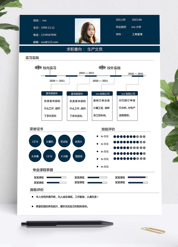 藏青色創意風生產文員個人簡歷模板