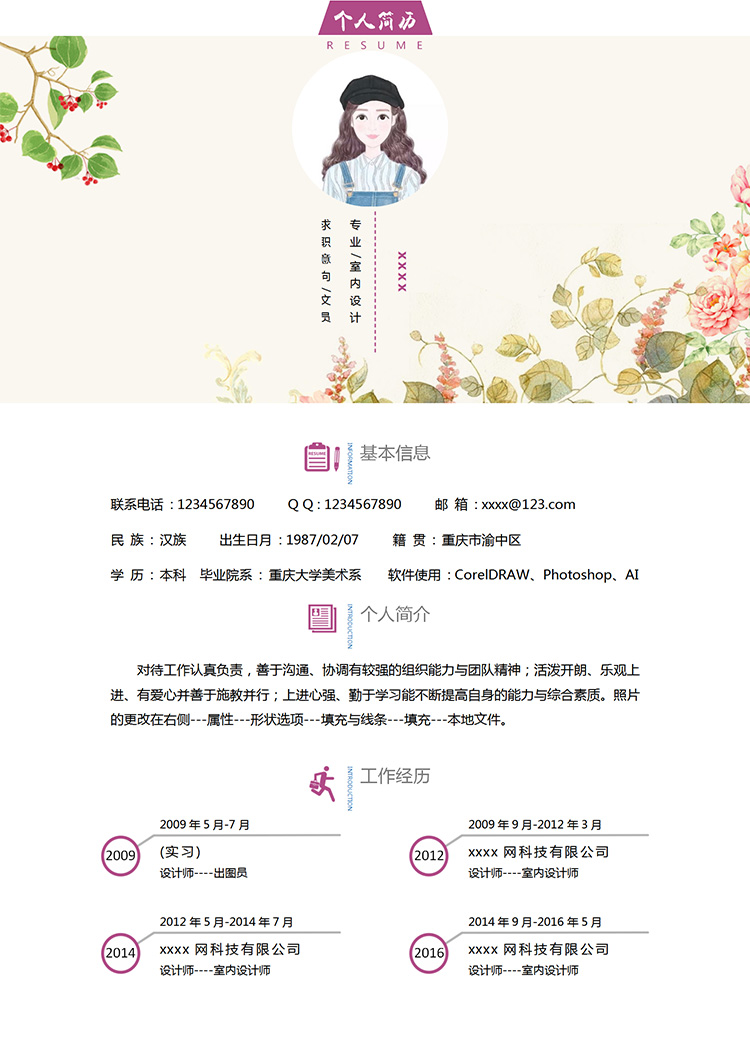 淡粉色小清新文員個(gè)人簡(jiǎn)歷模板-1