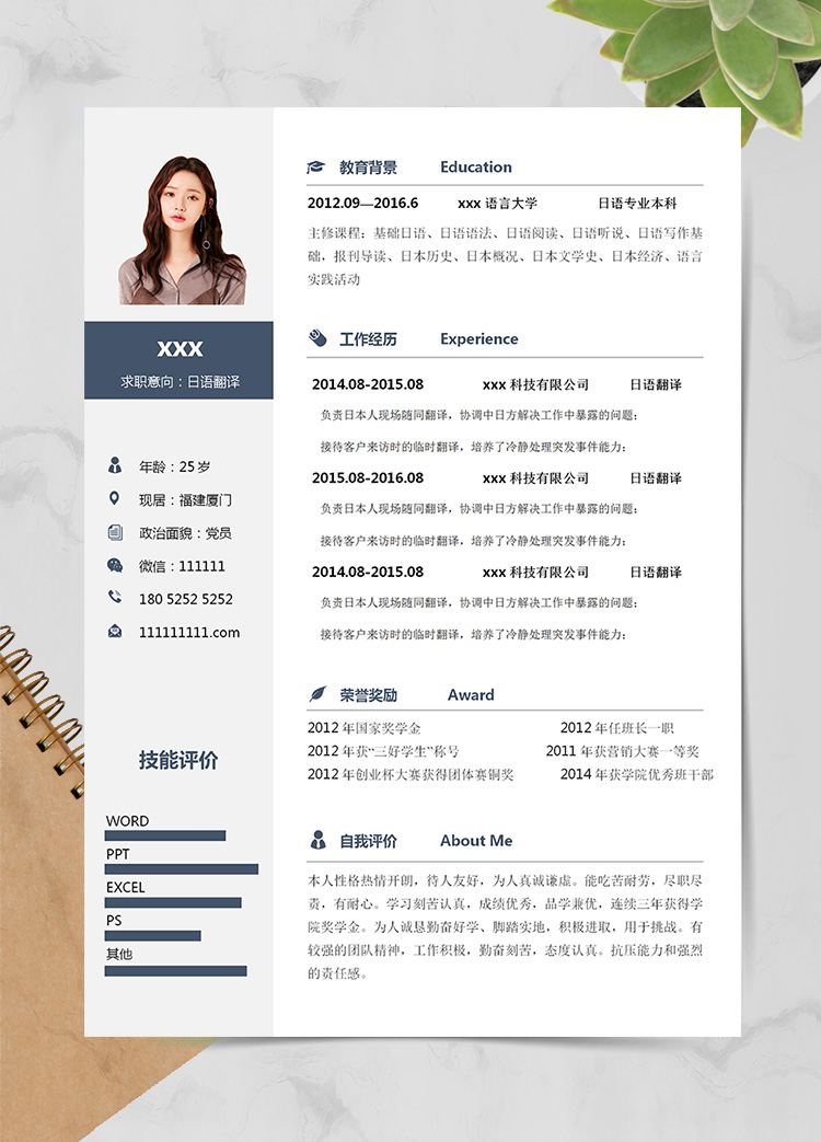 深藍(lán)色經(jīng)典風(fēng)日語翻譯個(gè)人簡歷模板