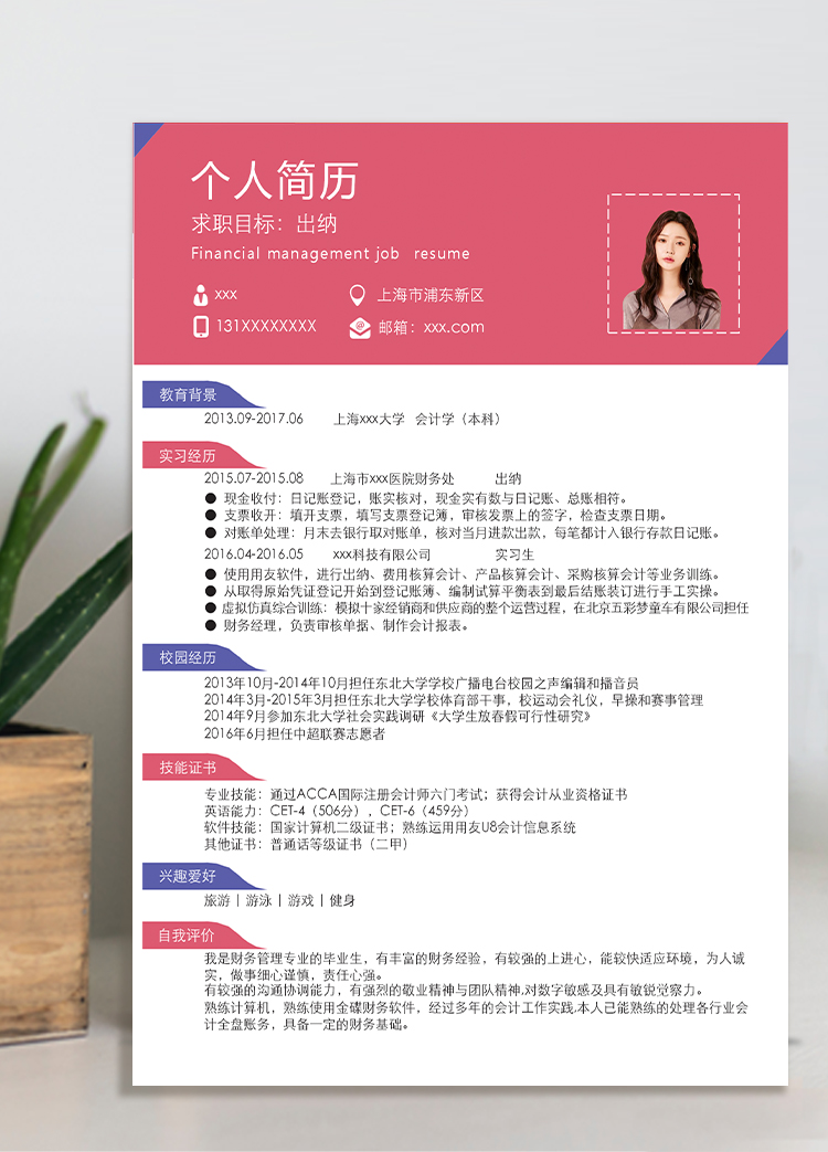櫻桃紅簡約風出納個人簡歷模板