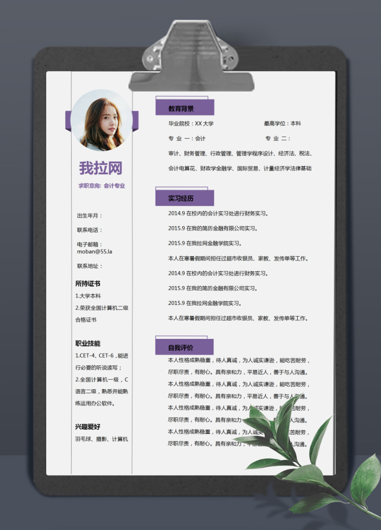 紫色系簡約風出納專員個人簡歷模板