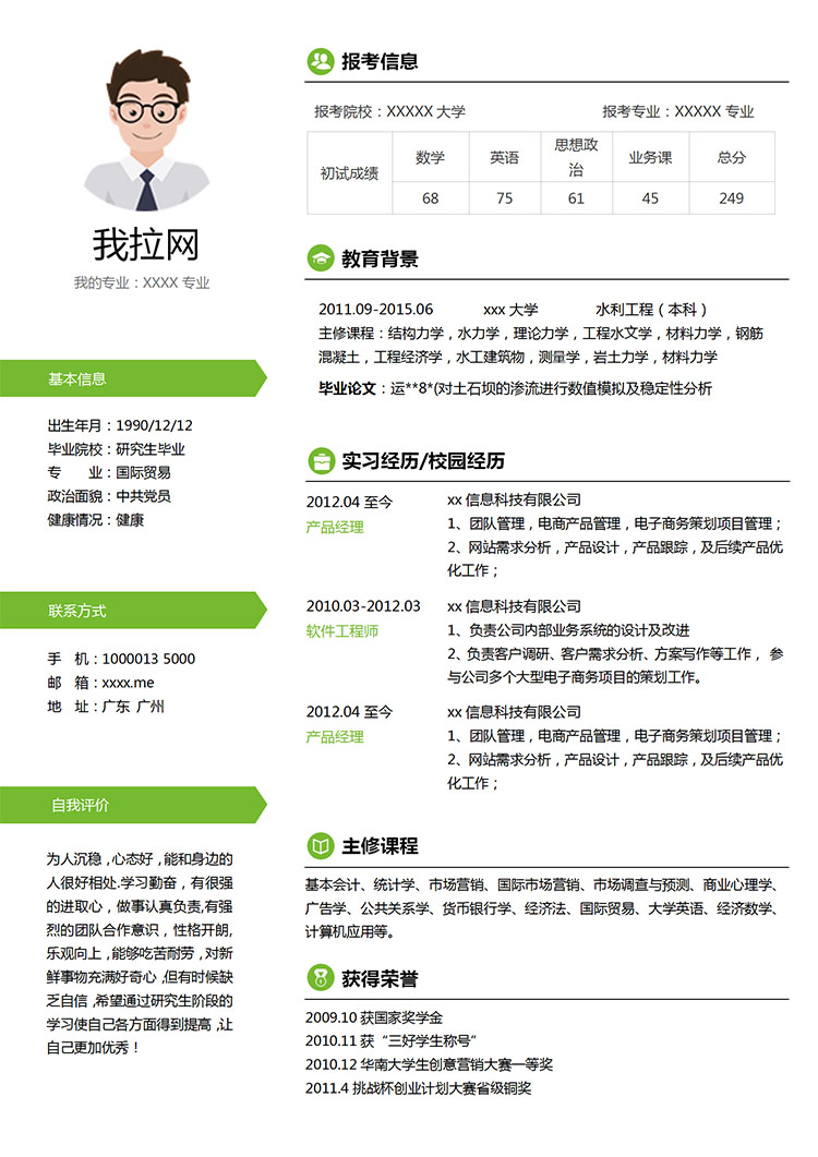 蘋果綠小清新國際貿(mào)易研究生簡歷模板-1