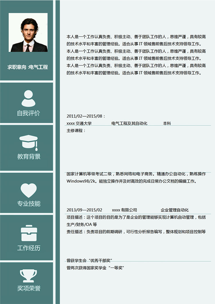 墨綠色個性風電氣工程應(yīng)屆生簡歷模板-1