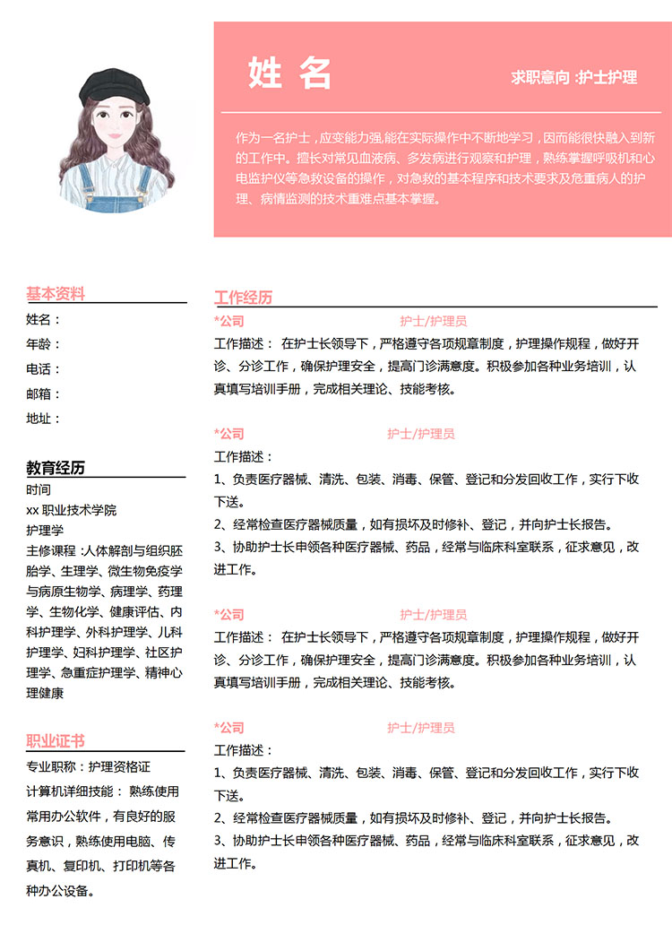 粉色系精美風護理應屆生簡歷模板-1