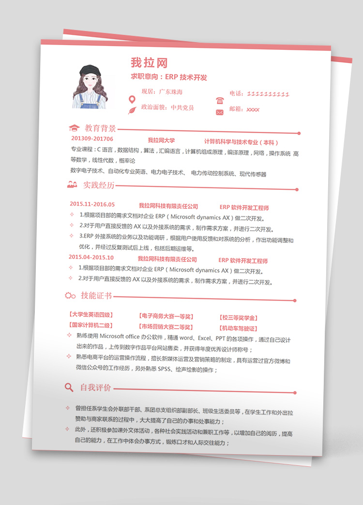 粉色ERP技術負責人簡歷模板