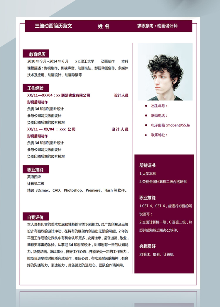 棗紅色時(shí)尚風(fēng)動(dòng)畫(huà)設(shè)計(jì)師應(yīng)屆生簡(jiǎn)歷-1