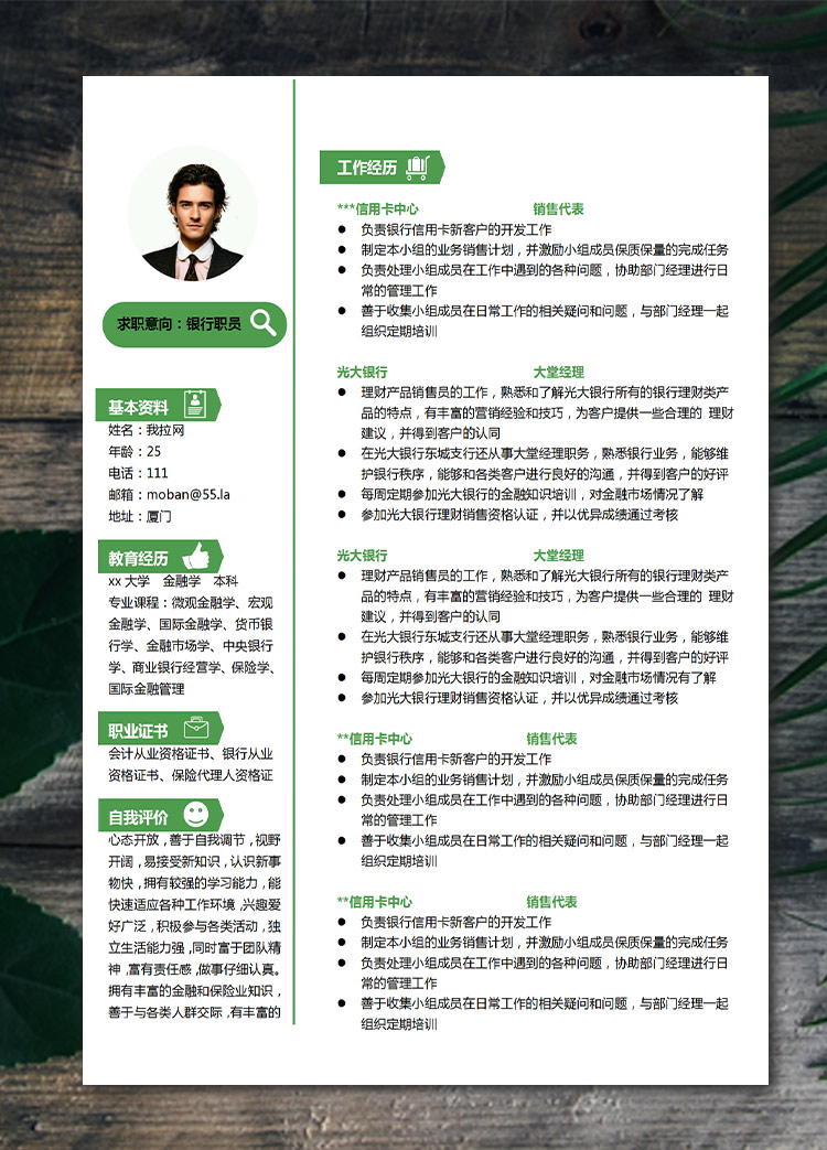 森林綠小清新銀行職員應屆生簡歷