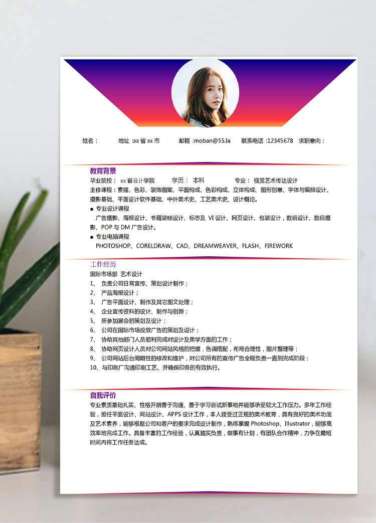 彩色璀璨風(fēng)應(yīng)屆美術(shù)教師簡(jiǎn)歷模板