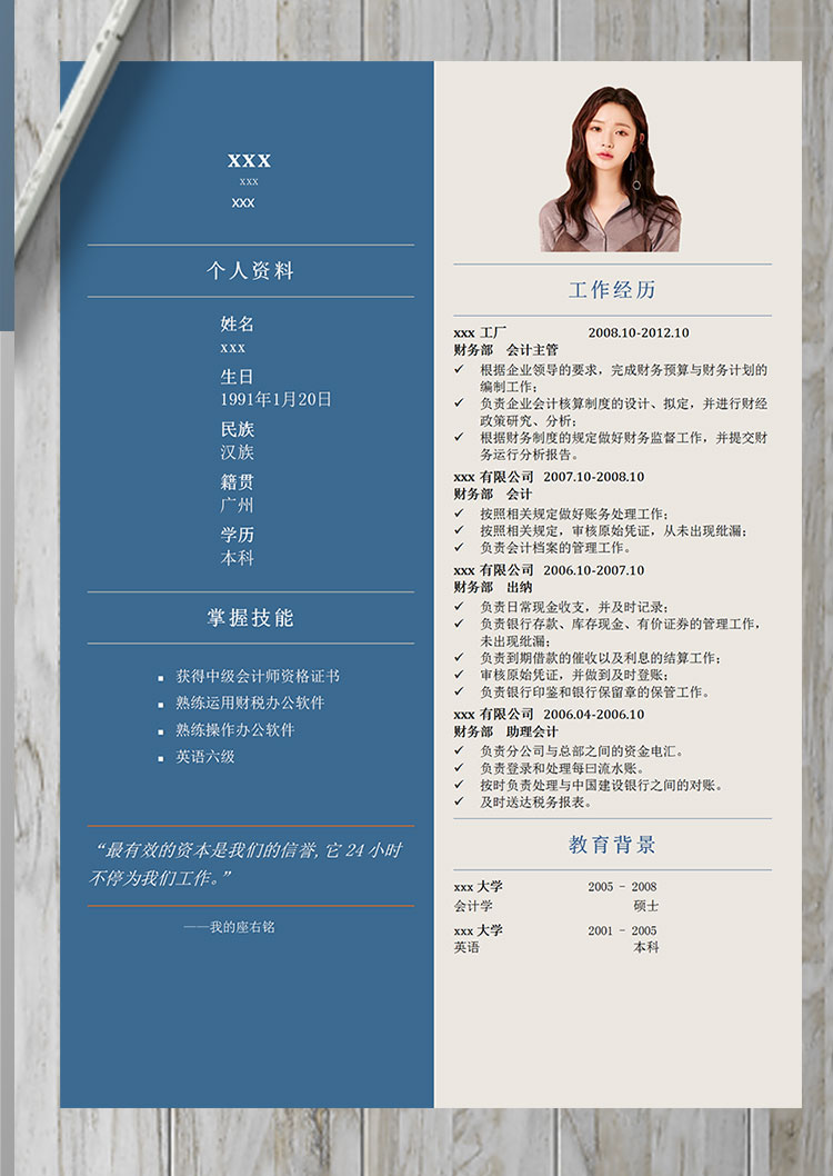 墨藍(lán)色簡(jiǎn)約風(fēng)中級(jí)會(huì)計(jì)個(gè)人簡(jiǎn)歷模板-1