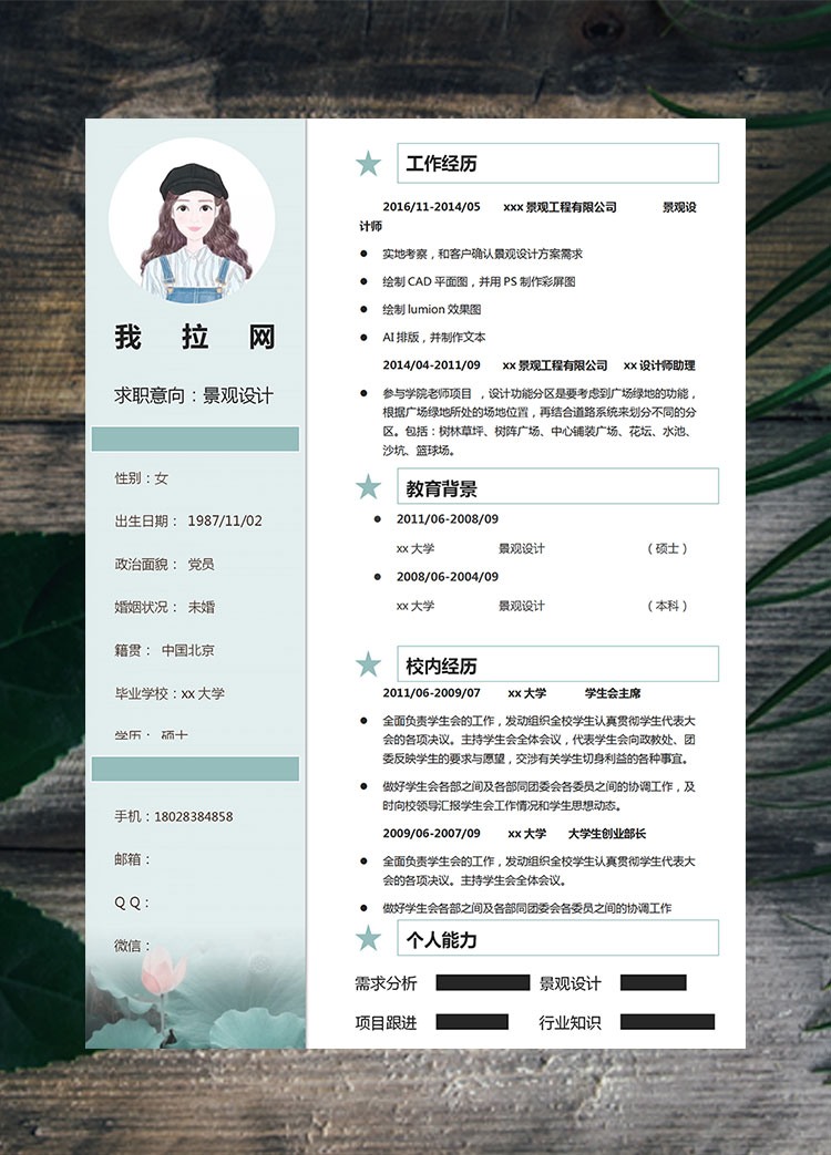 蔚藍(lán)色荷葉水墨風(fēng)景觀設(shè)計師簡歷模板