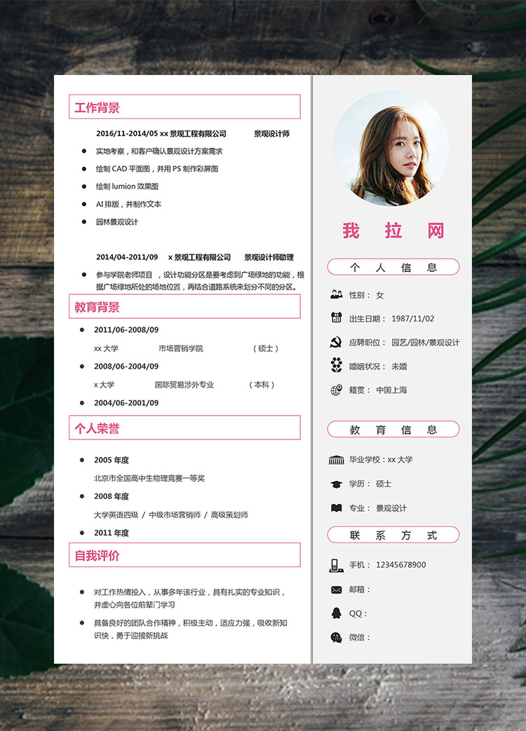 粉色線條風景觀設計師簡歷模板