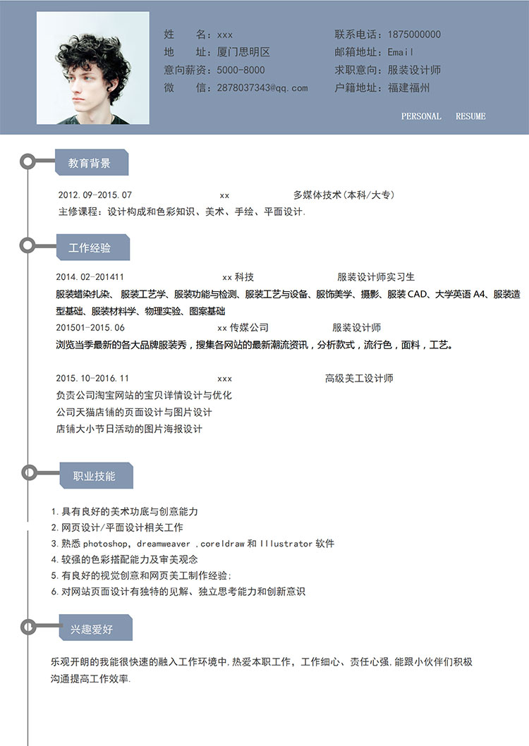 蔚藍色潮流服裝設計師個人簡歷模板-1