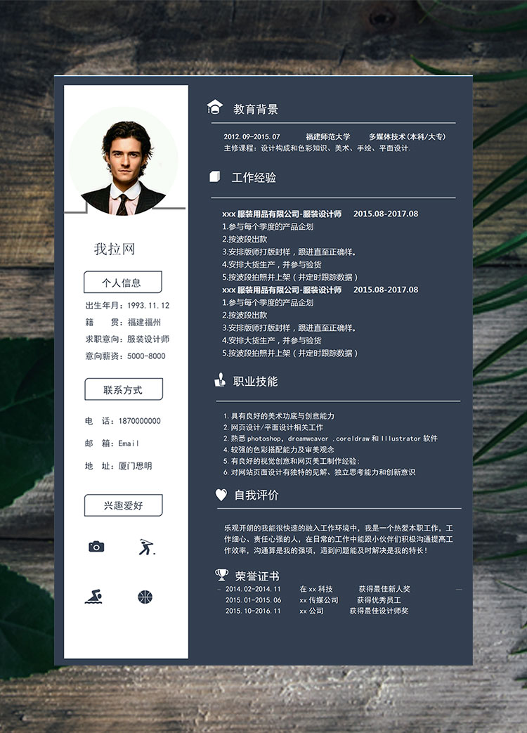 靛青高端風服裝設計師個人簡歷模板