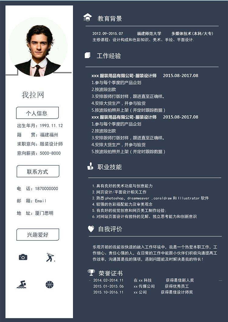 靛青高端風服裝設計師個人簡歷模板-1