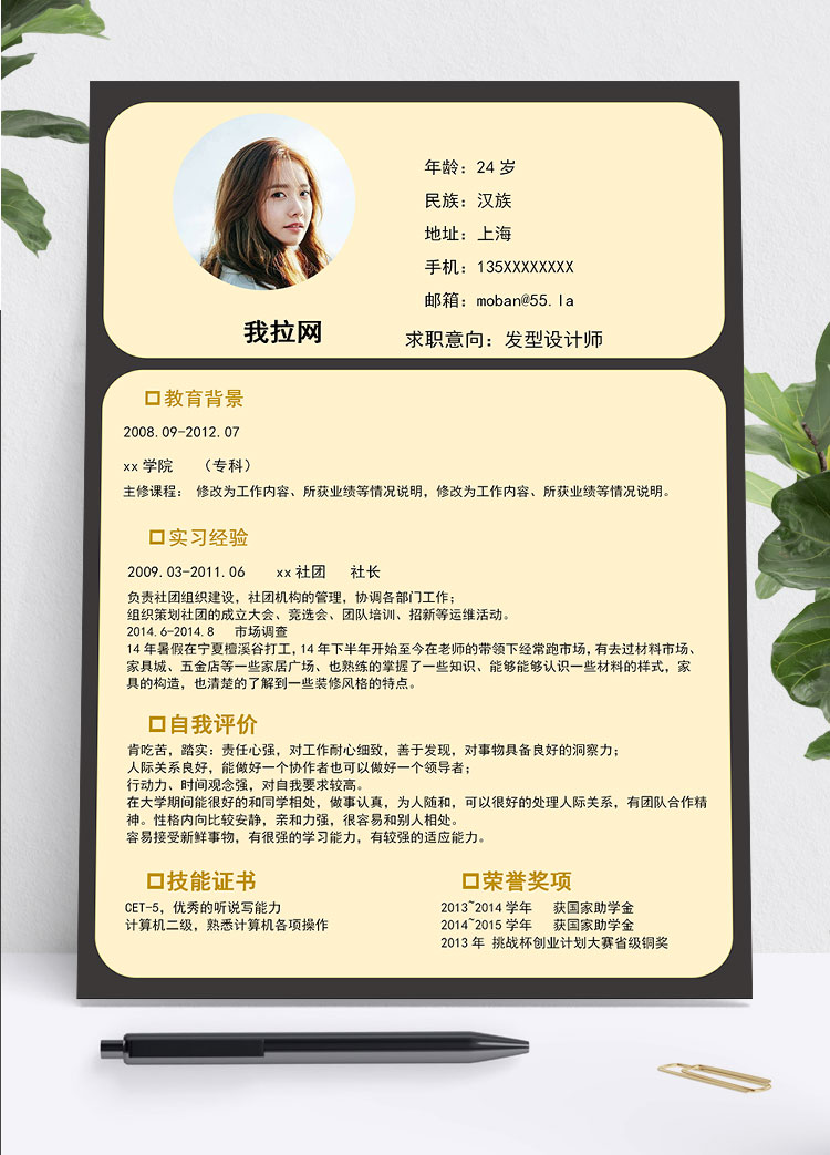 黃色精美風格發型設計師個人簡歷模板