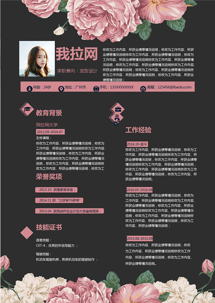 粉色唯美花蕊發(fā)型設(shè)計師個人簡歷模板-1
