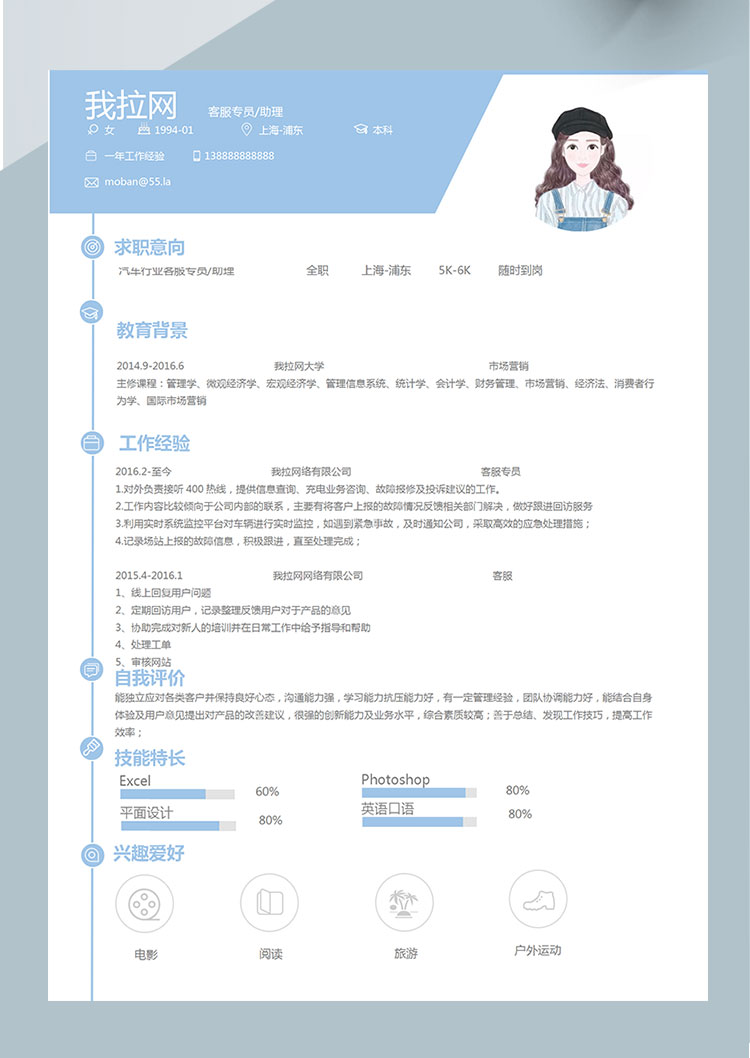 淺藍色簡約風汽車行業客服專員簡歷模板-1