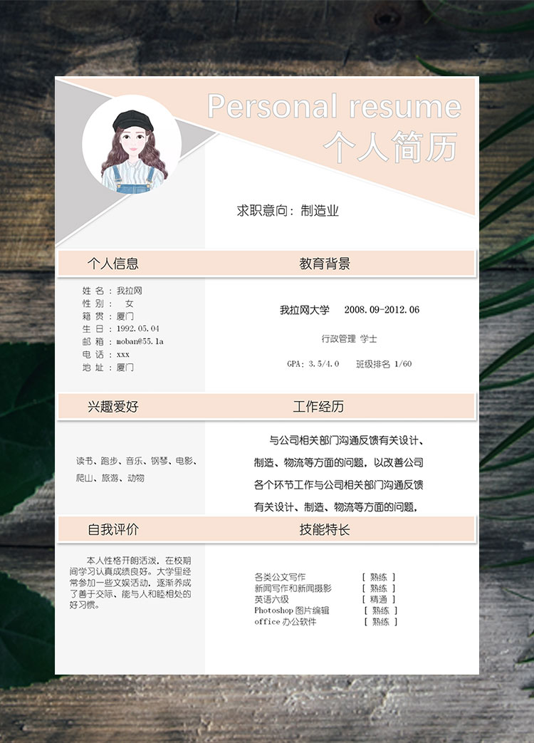 淡粉色創意風制造業客服簡歷模板