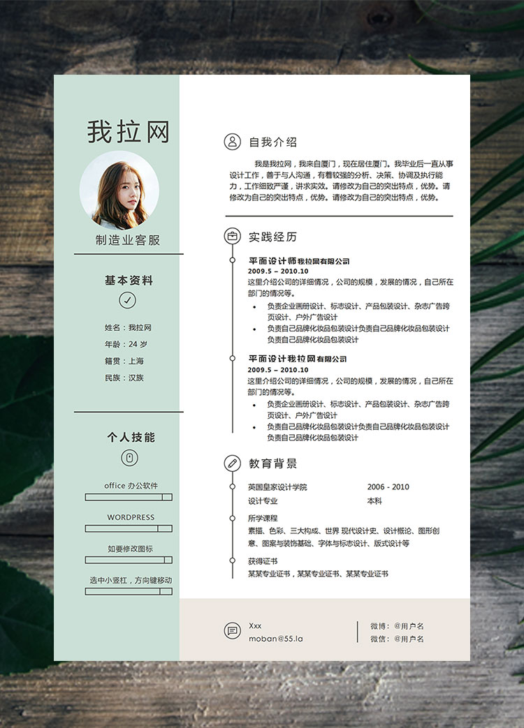 淺綠色小清新制造業(yè)客服簡歷模板
