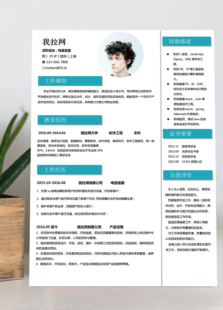 蔚藍色端莊風電器客服簡歷模板