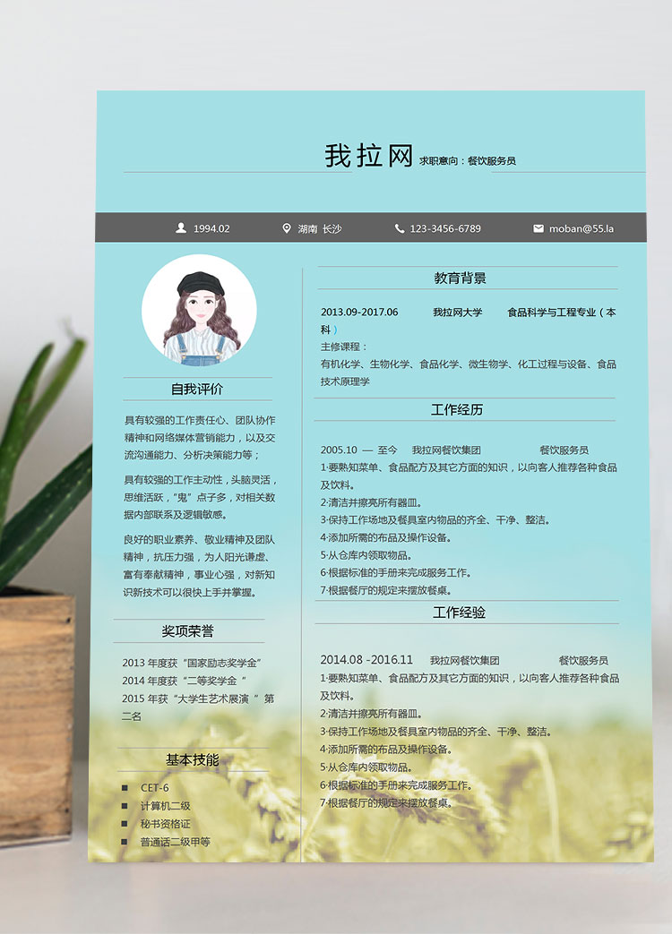 湖藍色個性風餐飲服務員簡歷模板