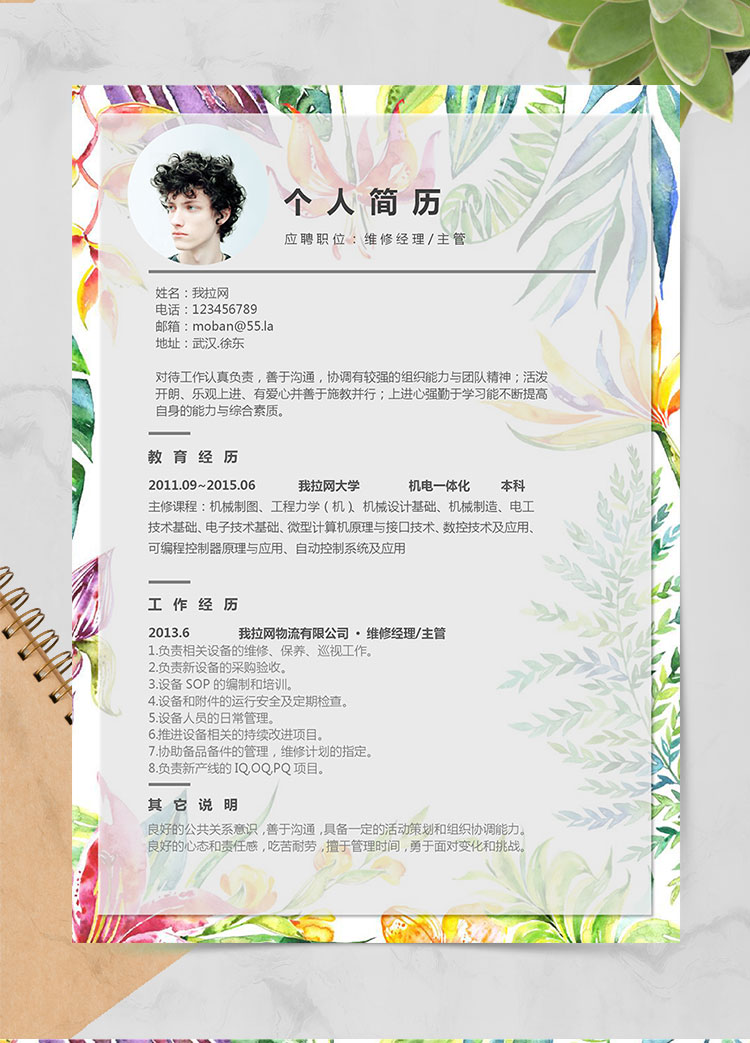 多彩創意風維修經理個人簡歷模板