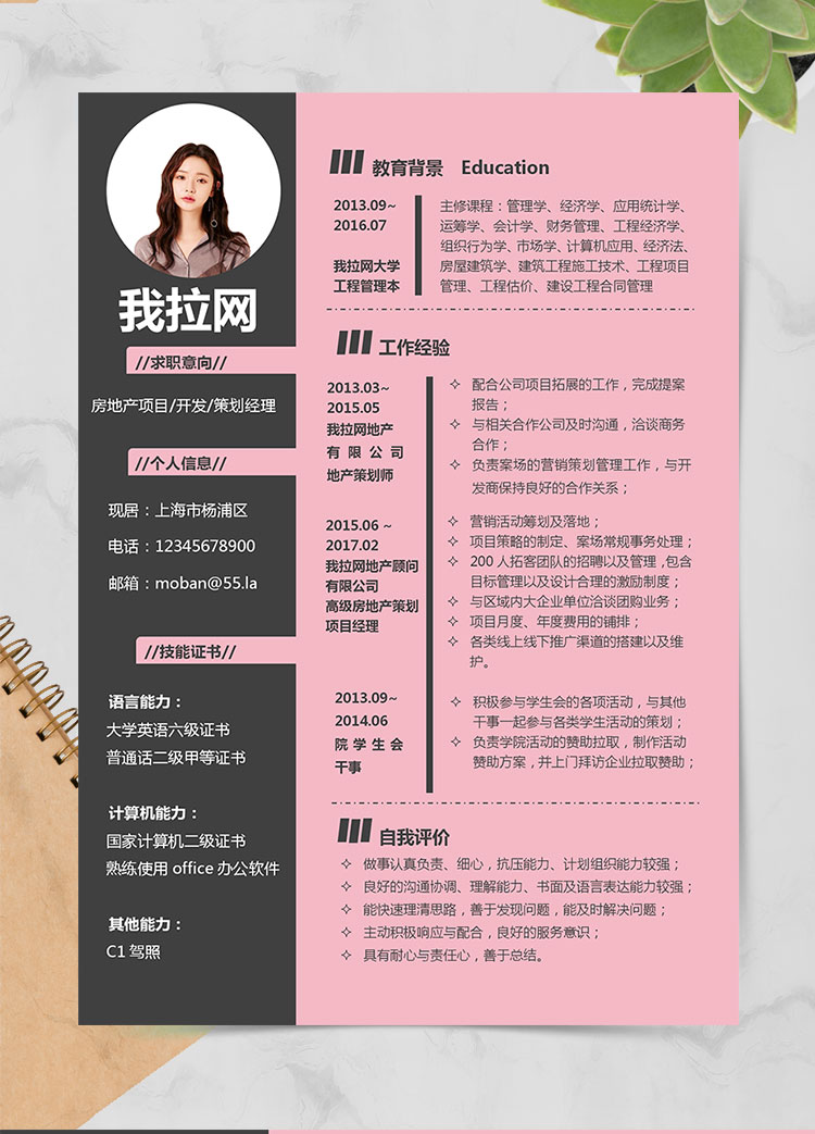 粉色系創意風房地產策劃經理簡歷