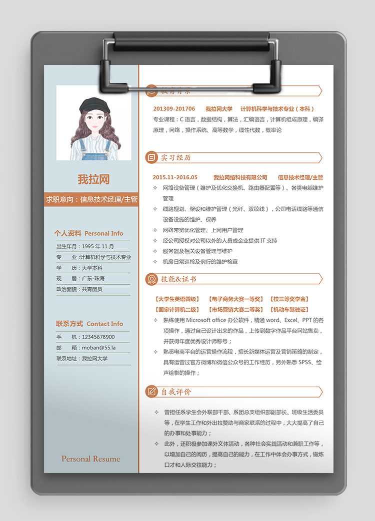 天藍色時尚風信息技術經理簡歷模板