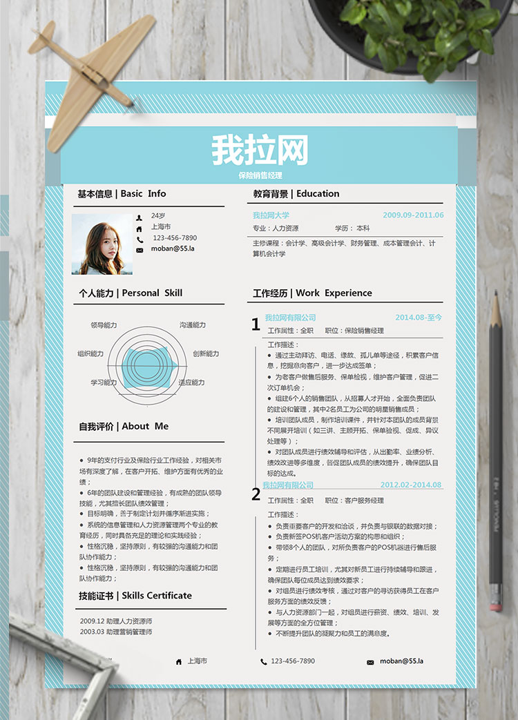 天藍色創意線條保險銷售經理簡歷模板