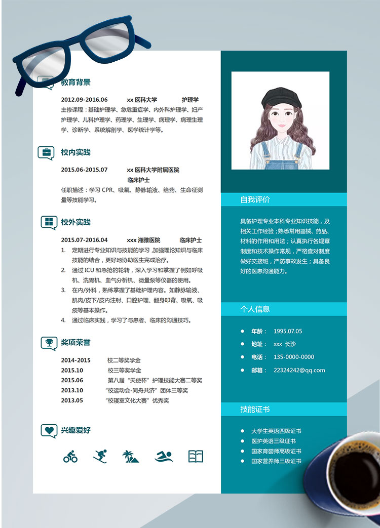 綠色線條風格臨床護士簡歷模板