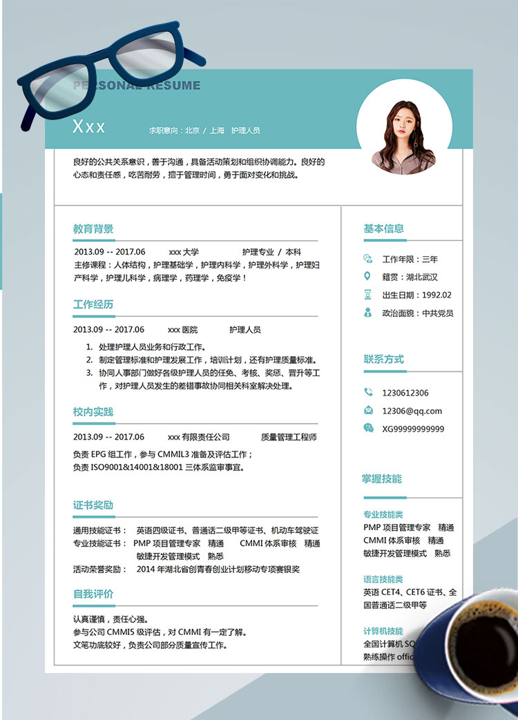 天藍色方框外殼護理學個人簡歷模板
