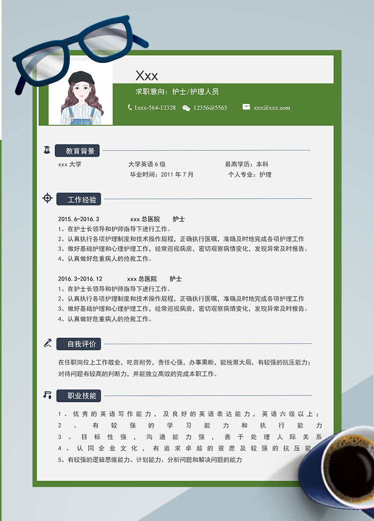 綠色方框簡約護士護理個人簡歷