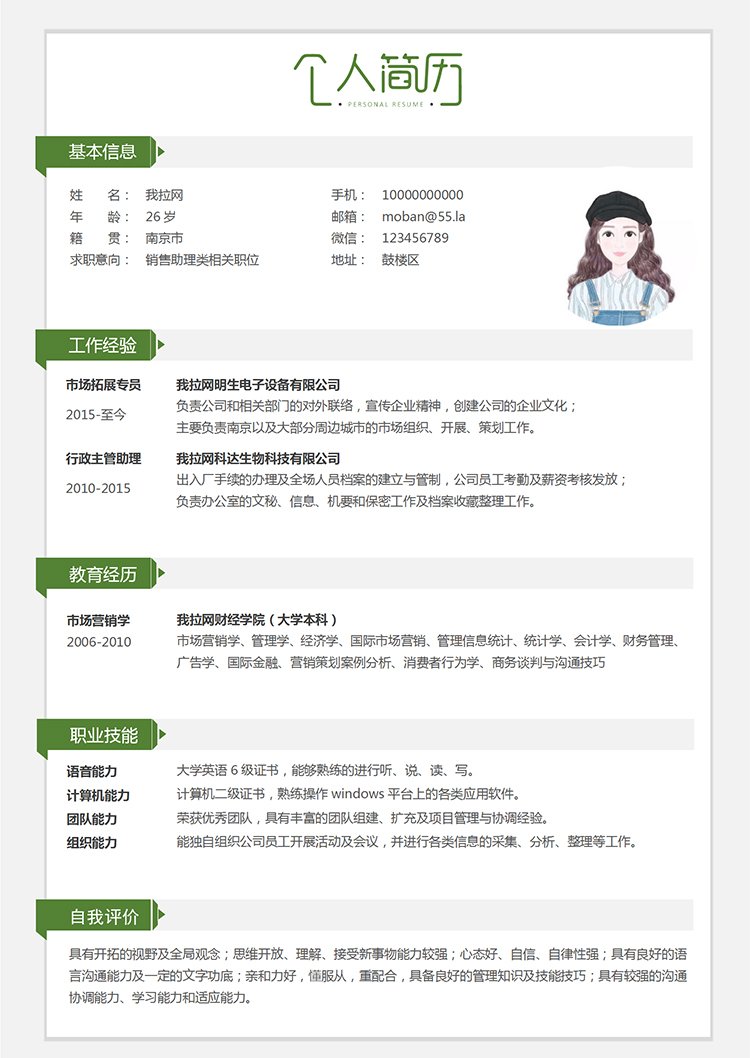 綠色簡(jiǎn)約商務(wù)銷售助理5年工作經(jīng)驗(yàn)簡(jiǎn)歷word模板-1