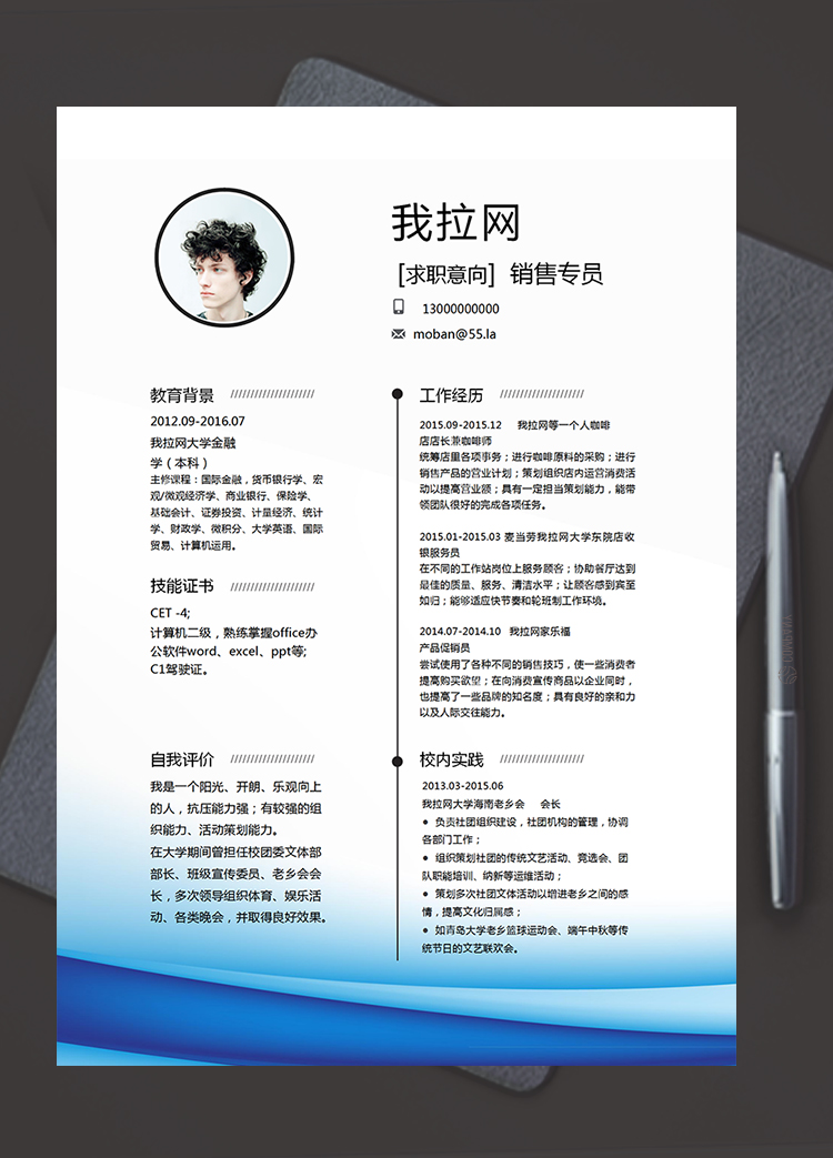 時尚大氣水湖藍風銷售專員求職簡歷模板