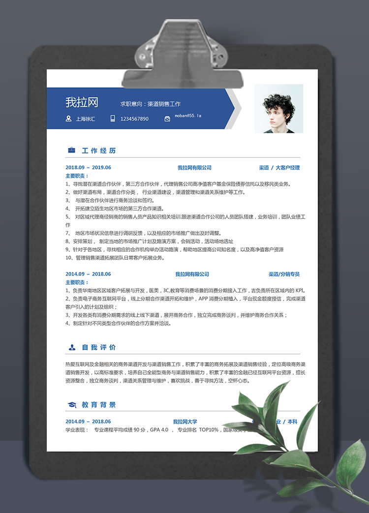 創(chuàng)意簡(jiǎn)潔藍(lán)風(fēng)渠道銷售個(gè)人求職簡(jiǎn)歷模板