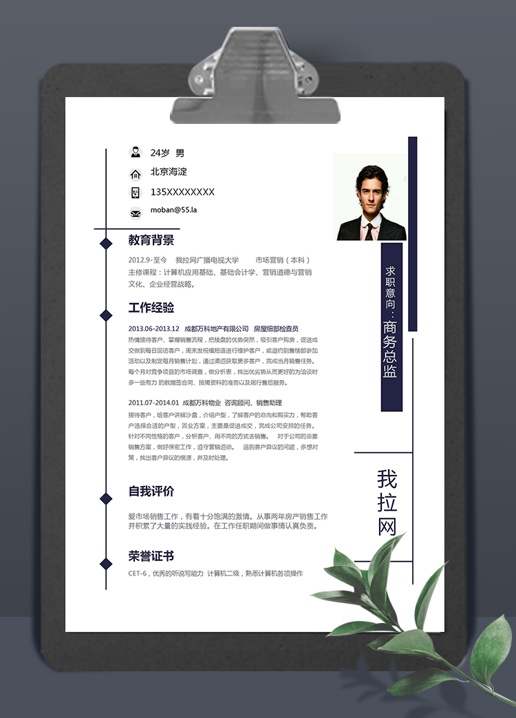 簡潔美觀風格商務總監個人簡歷模板