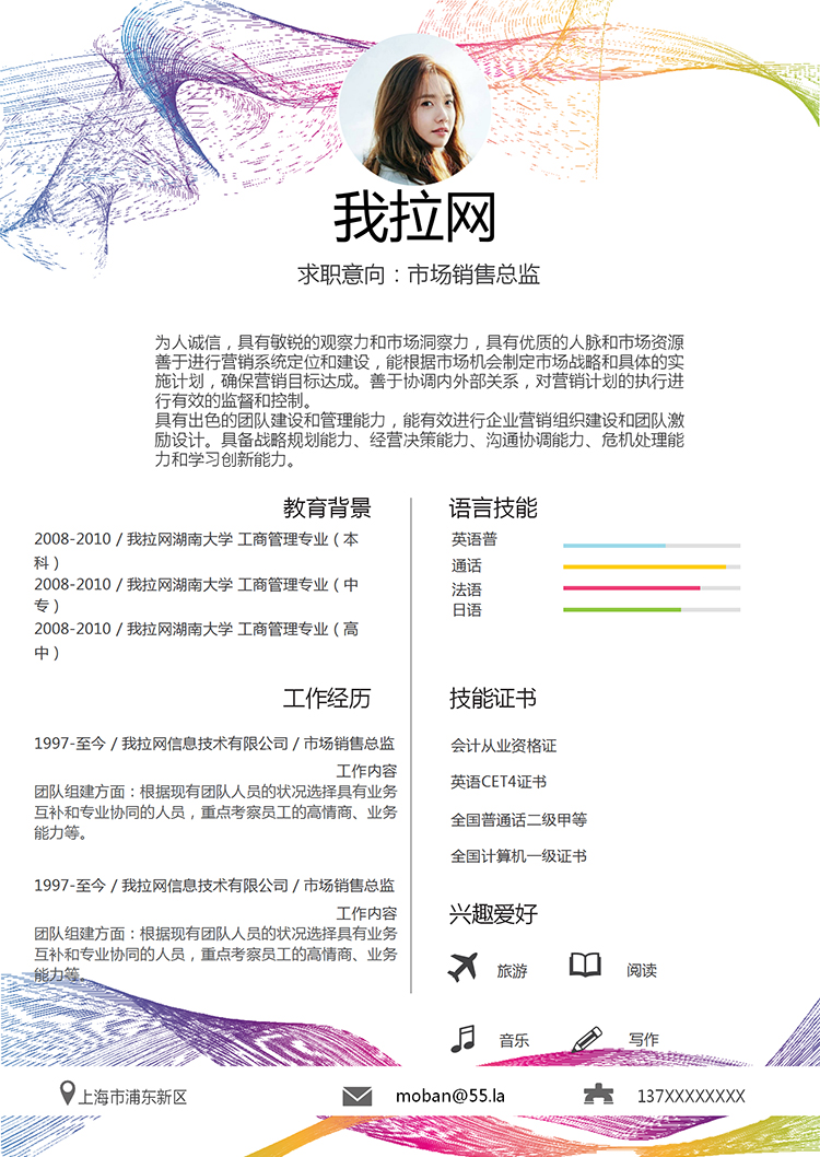 簡約彩線風市場銷售總監個人簡歷模板-1