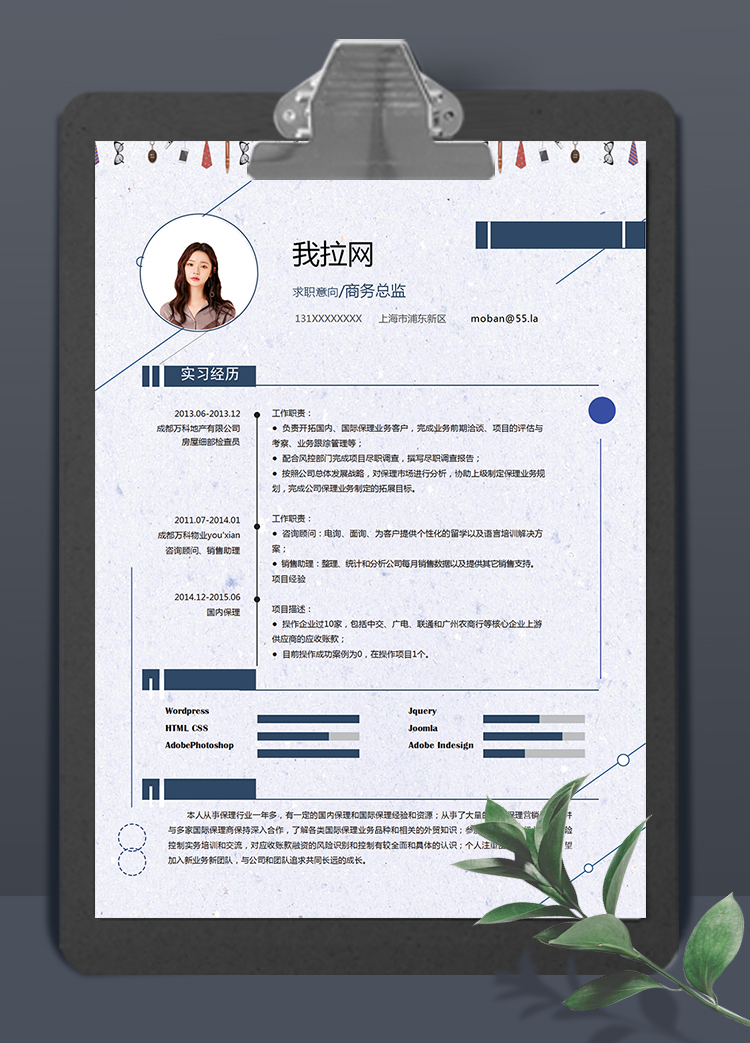 淺紫精美風格商務總監個人求職簡歷模板