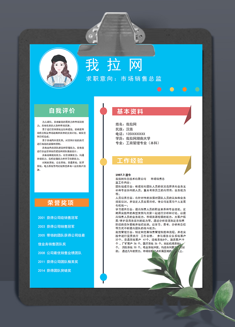 唯美彩色風格市場銷售總監簡歷模板