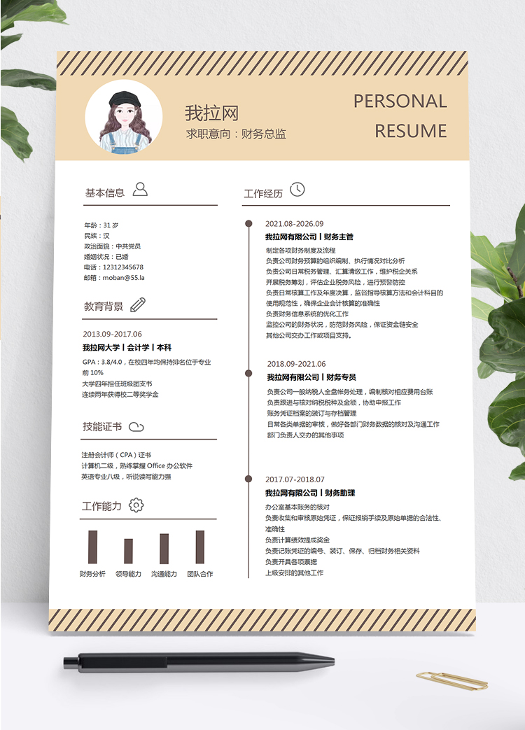 創意個性風格財務總監個人求職簡歷模板